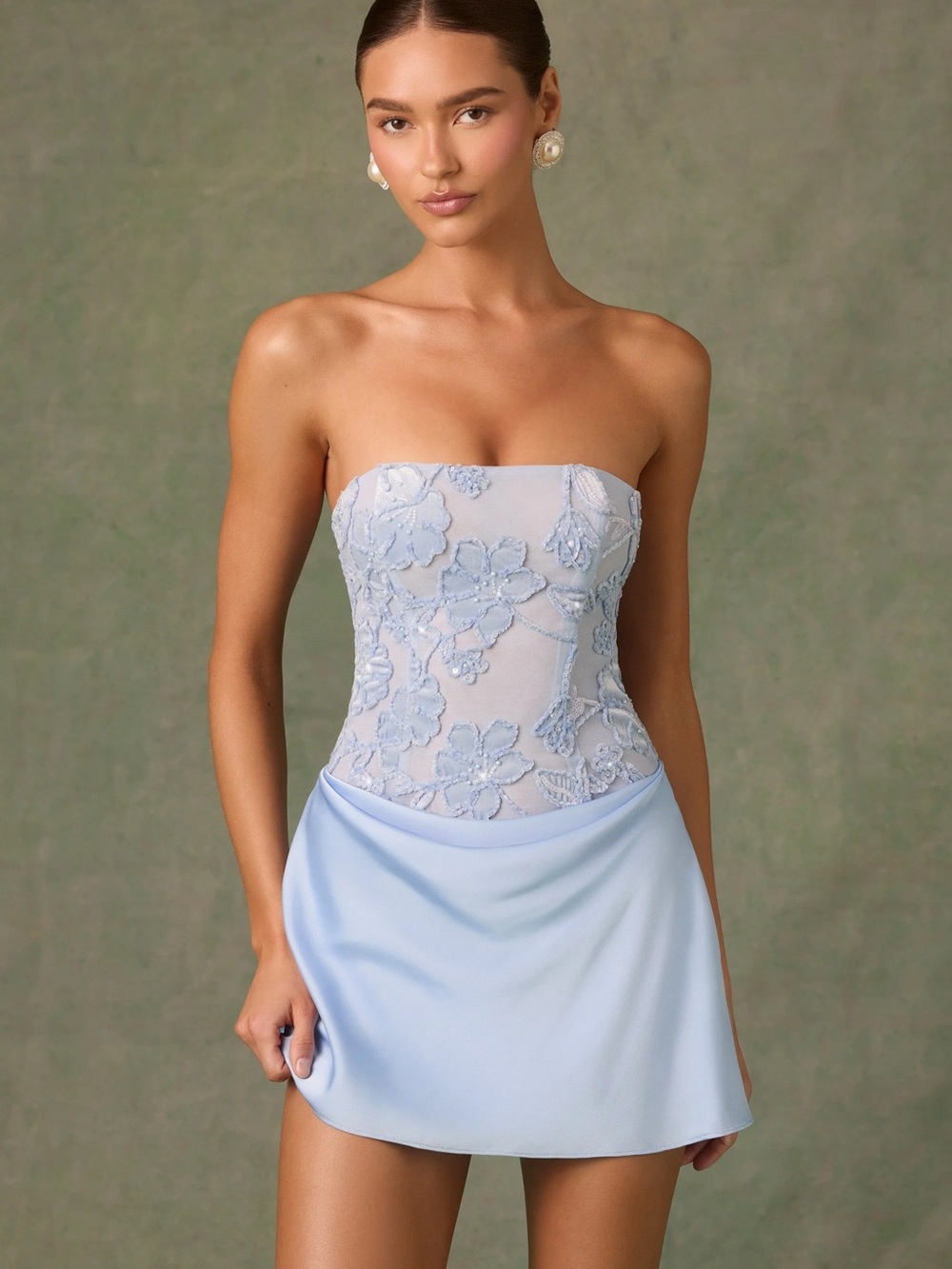 Oh Polly Powder Blue Strapless Floral Lace Mini Dress